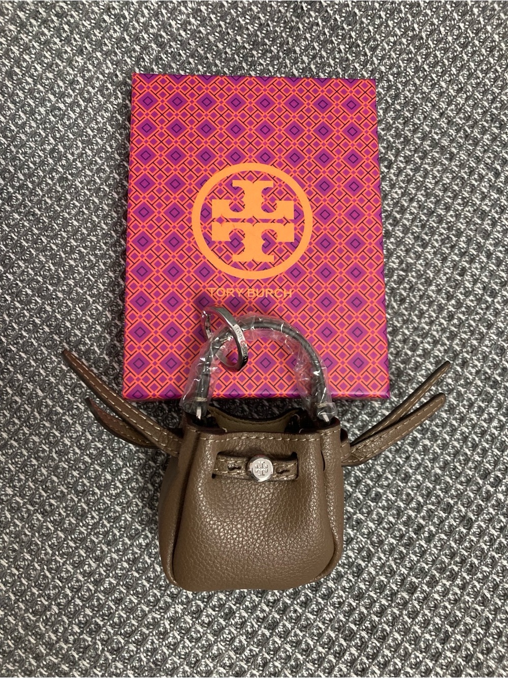 Tory Burch Brown Pebbled Leather Mini Tote Keychain with Silver Hardware